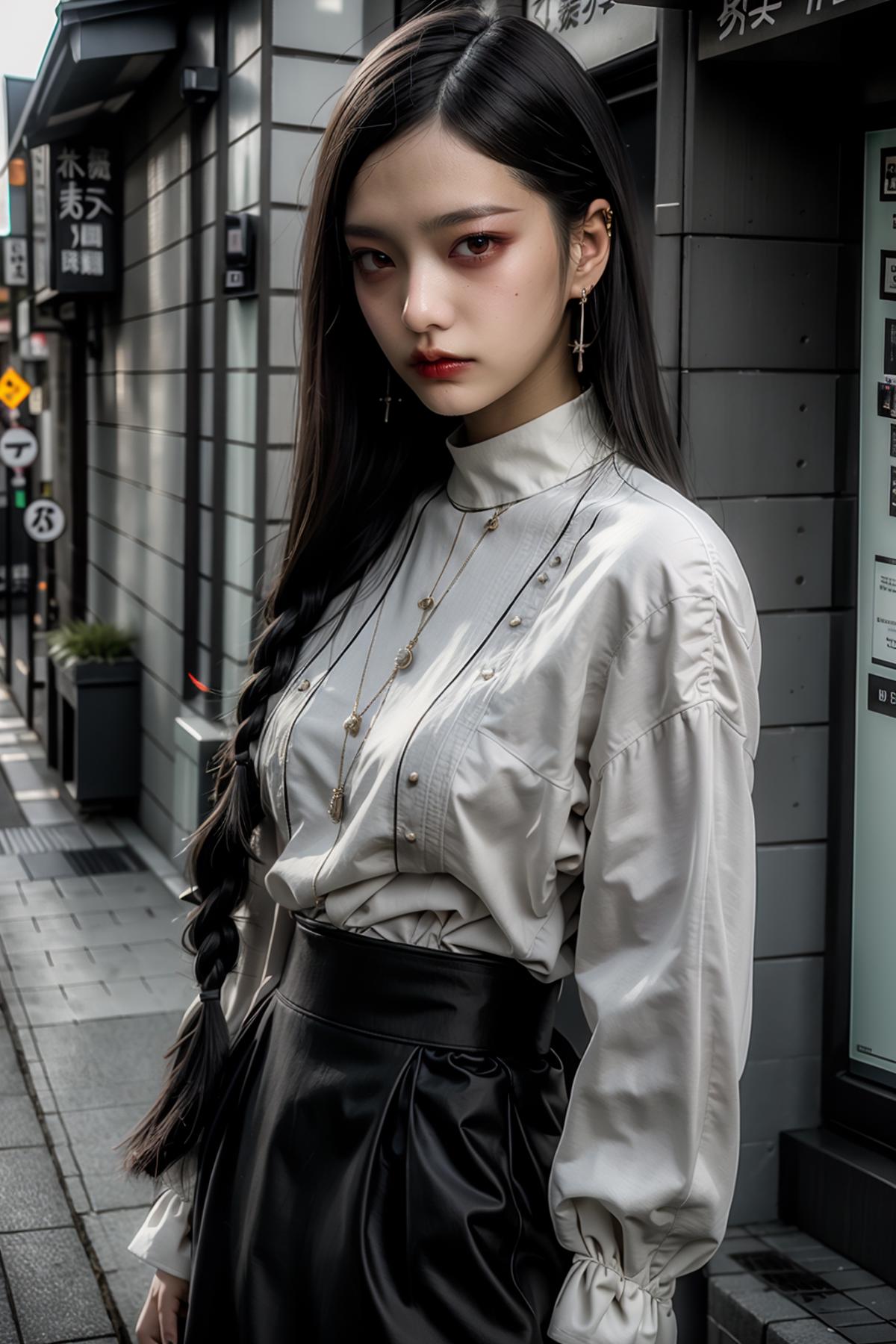 A close up of a woman in a white shirt and black skirt - SeaArt AI