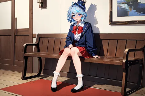 anime girl sitting on a bench with her legs crossed