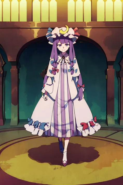 LWA <lora:lwa_offset:1.3>,
patchouli knowledge, 1girl, dress, (purple hair, purple eyes:1), long hair, mob cap, crescent hat orn...