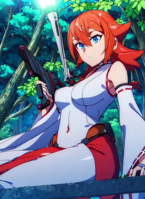 a woman in a white dress holding a gun in a forest