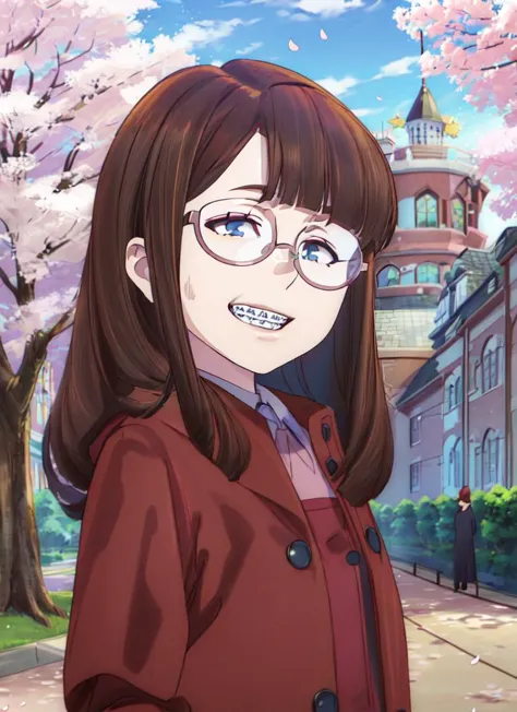 ((best quality)), ((highly detailed)), masterpiece, detailed face, beautiful face, (detailed eyes, deep eyes), (1girl), from beside, full body, <lora:hairdetailer:.9>, nerd, thick rimmed glasses, smile, <lora:concept-braces-v2:.8>, (braces), (<lora:school_outdoors_v0.2:1>, at a school, building, trees, cherry blossoms, dusk), <lora:LittleWitchAcademia:1.2>, LWA