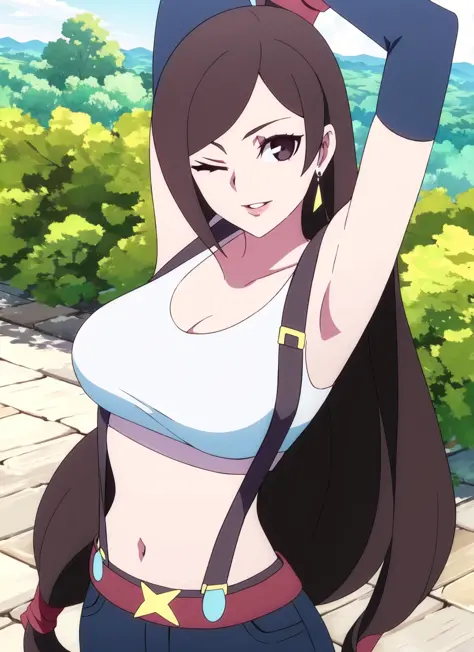 LWA <lora:lwa_offset:1.3>,  tifa lockhart, 1girl, thick lips, arm up, armpits, artist name, belt, black hair, breasts, brown eyes, cleavage, closed mouth, collarbone, cowboy shot, crop top, earrings, elbow gloves, elbow pads, gloves, jewelry, large breasts...