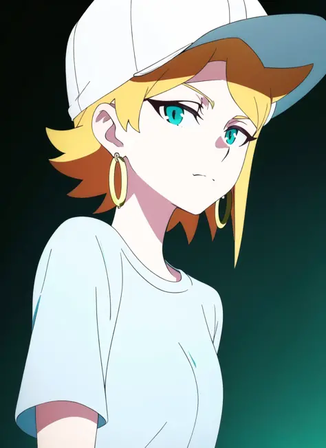 LWA <lora:lwa_offset:1.3>, masterpiece, best quality, 1girl, aqua eyes, baseball cap, blonde hair, closed mouth, earrings, green background, hat, hoop earrings, jewelry, looking at viewer, shirt, short hair, simple background, solo, upper body, yellow shir...