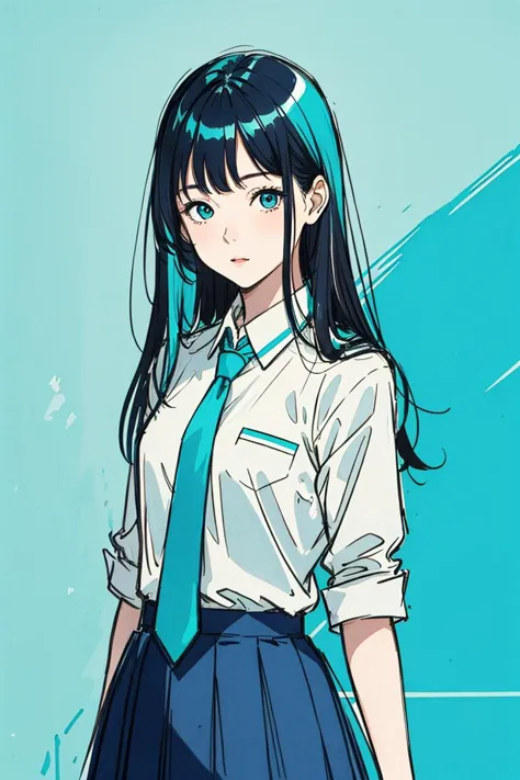 (Imaginative Photo:1.3) of (Sketch:1.3) A photo of a girl OverallDetail, school uniform, skirt, white shirt, tie, schoolgirl,Highly Detailed,(Cyan hue:1.3), shiny, shiny hair, shiny skin, shiny clothes