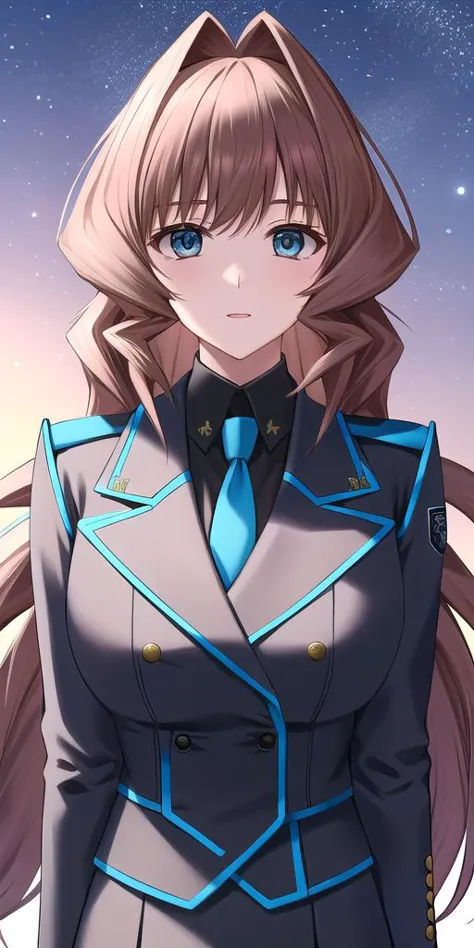 a woman in a uniform with long hair and blue eyes