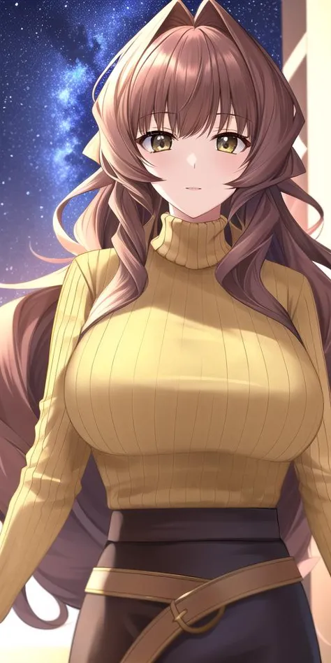 <lora:MarimoV4:0.7> jinguuji_marimo, huge_breasts, standing, solo, yellow_ribbed_sweater_turtleneck_brown_long_skirt_brown_belt_pendant, starry_sky,, masterpiece, best_quality, detailed_face, detailed_eyes, highres, beautiful, detailed, absurdres,