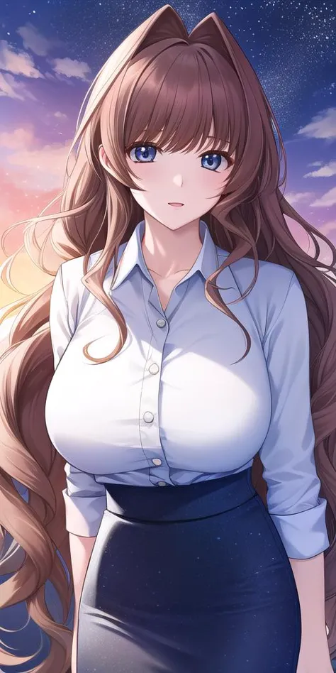 a woman with long hair and a white shirt is standing in front of a sunset