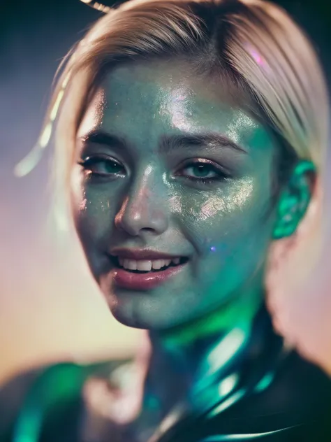 analog photo, a cute alien girl, 20 years old, ((asian)), (holographic, prismatic:1.1), (fish scales, Bright Green skin:1.2), (smirking face:1.2), (medium blonde hair:1.15), ((antennae)), buff, bubbles, solo, high detailed texture, 8k uhd, digital camera, soft lighting, high quality, film grain, Fujifilm X-T30 II Mirrorless Camera, (natural skin texture, hyperrealism, soft light, sharp)