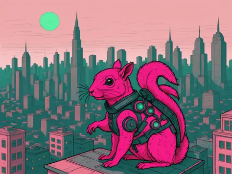 illustration of a pink squirrel sitting on a ledge in front of a city