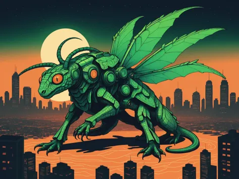 a close up of a green dragon on a city skyline