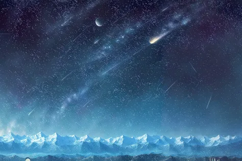 (masterpiece, top quality, best quality, official art, beautiful and aesthetic:1.2), divinesplatter, a black sky full of stars, shooting star, moon, snowcapped mountains <lora:DivineSplatter:2.0>