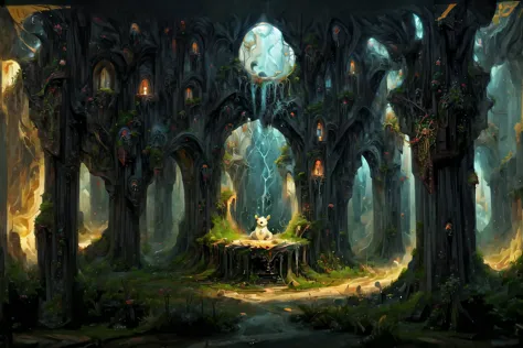 a painting of a fantasy forest with a fountain and a statue