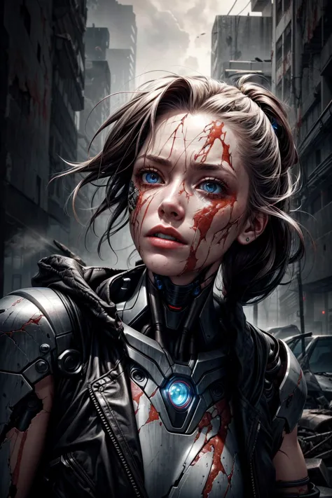 a woman with blood on her face and a futuristic suit