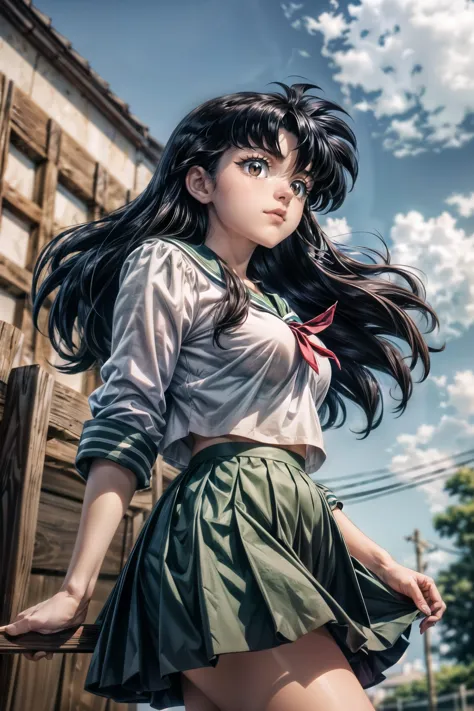 cowboy shot, shot from below, (higurashi kagome, black hair, brown eyes, long hair, medium breasts),  serafuku, sailor collar, green pleated skirt, <lora:Kizuki - Inuyasha - Higurashi Kagome:0.7>,, (masterpiece, best quality, CG, wallpaper, HDR, high quality, high-definition, extremely detailed), (detailed eyes), <lora:detailed_eye:0.6>, (detailed),  <lora:add_detail:1>