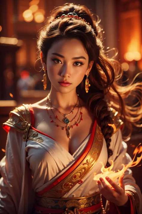 Best quality,masterpiece,ultra high res,(photorealistic:1.4)1girl,beautiful_face,detailed skin,full body,<lora:yuhuoshu:0.6>,yuhuoshu,jewelry,solo,earrings,(fire:1.3),blurry,realistic,lips,