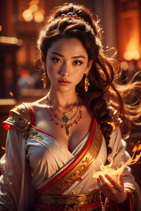 Best quality,masterpiece,ultra high res,(photorealistic:1.4)1girl,beautiful_face,detailed skin,full body,yuhuoshu,jewelry,solo,earrings,(fire:1.3),blurry,realistic,lips,