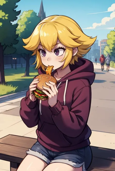 anime girl eating a hamburger on a bench in a park