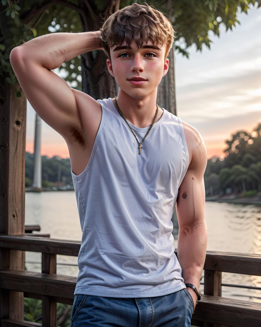 Daniel Seavey, sweaty teen boy, standing on a big rock, far from camera -  SeaArt AI