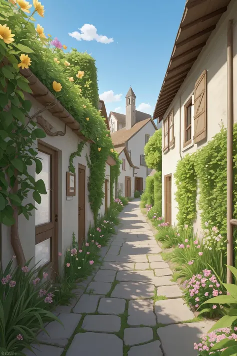 French summer, back alley, flowers, bushes, vegetation, white picket fences, pathway, bucolic, nostalgia, beautiful, absurdres, ...