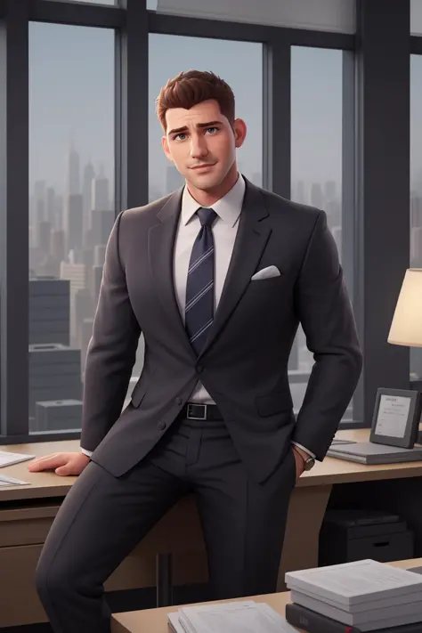 a handsome man sitting in the office,crew cut,business suit,windows,cityscape,full body,mature male,[plump],[chris redfield],