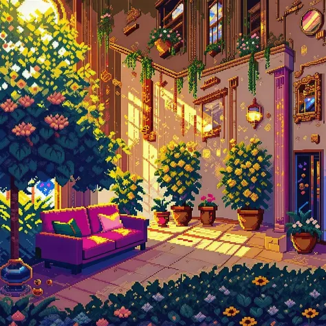 a pixel art of a living room with a couch and a tree