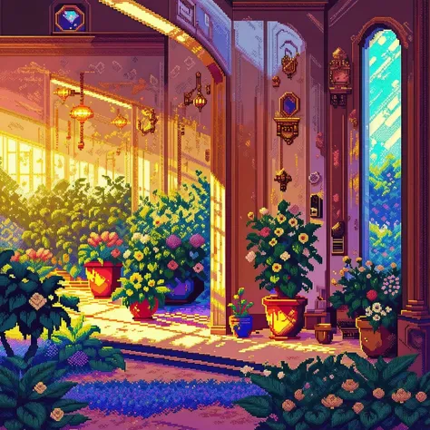 a painting of a room with a lot of plants and a window