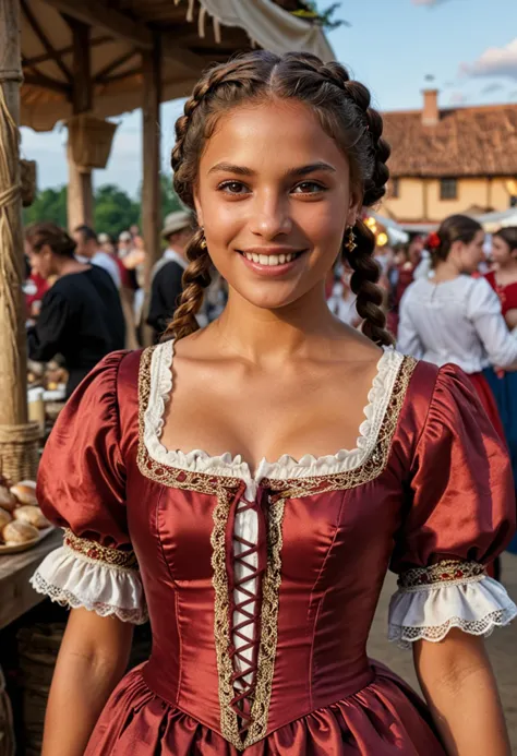 (medium full shot) of (dignified young woman from the renaissance era), brazilian, tan skin, brown eyes, lithe build, short dark...