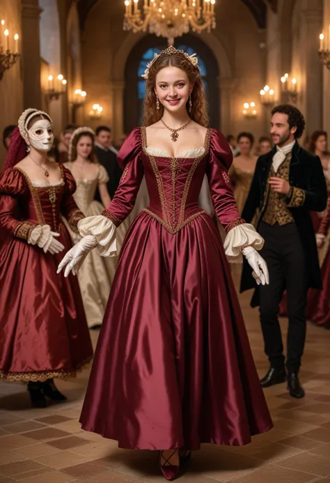 (medium full shot) of (refined young woman from the renaissance era), __cf-renaissance/ethnicity__, wearing a burgundy silk blou...