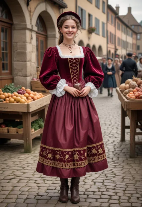 (medium full shot) of (elegant young woman from the renaissance era), __cf-renaissance/ethnicity__, wearing a burgundy puffed sl...