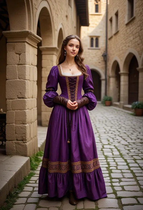 (medium full shot) of (poised young woman from the renaissance era), __cf-renaissance/ethnicity__, wearing a rich purple peasant...