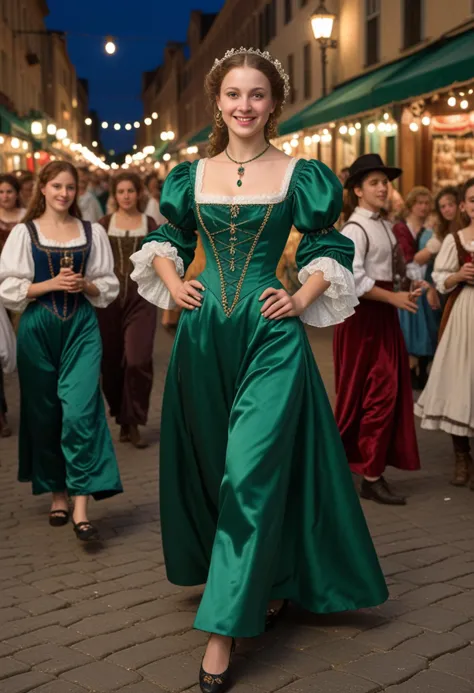 (medium full shot) of (sophisticated young woman from the renaissance era), __cf-renaissance/ethnicity__, wearing a emerald gree...