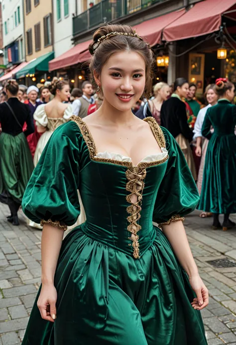 (medium full shot) of (elegant young woman from the renaissance era), chinese, fair skin, light brown eyes, busty build, extra long dark messy bun hair, wearing a emerald green satin gown with puffed sleeves, velvet slippers, beaded girdle, set in the renaissance era, in  a street fair, with jugglers, minstrels, performers entertaining the crowd, children running around, at night, woman smiling, ,Masterpiece,best quality, photo, realistic, very aesthetic, detailed face,