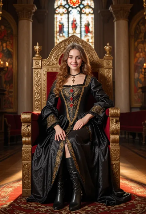 (medium full shot) of (regal young woman from the renaissance era), __cf-renaissance/ethnicity__, wearing a midnight black brocade tunic, ankle-length skirt, leather boots, ornate brooch, set in the renaissance era, in  a regal throne room, with a large throne, red carpet, stained glass windows, sunlight streaming through, during sunset, woman smiling, Masterpiece,best quality, photo, realistic, very aesthetic, detailed face,