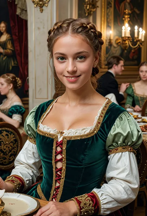 (medium full shot) of (regal young woman from the renaissance era), russian, tan skin, jade green eyes, normal build, short red ...