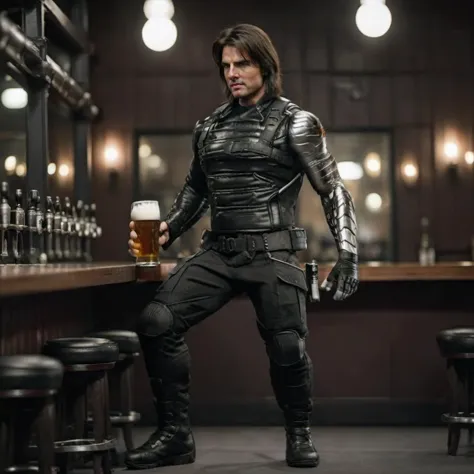 a man in a leather outfit standing in front of a bar