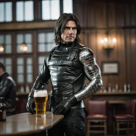 arafed man in armor standing at a bar with a beer