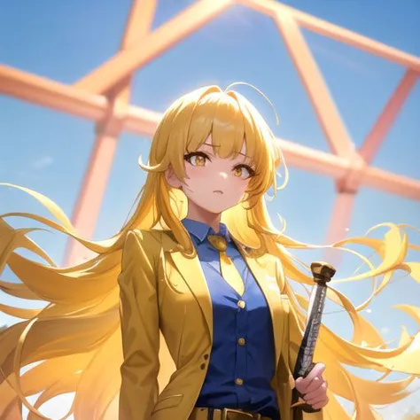 a woman with long blonde hair holding a sword in her hand