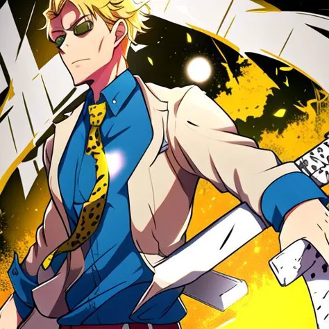 anime character with blonde hair and blue shirt holding a sword