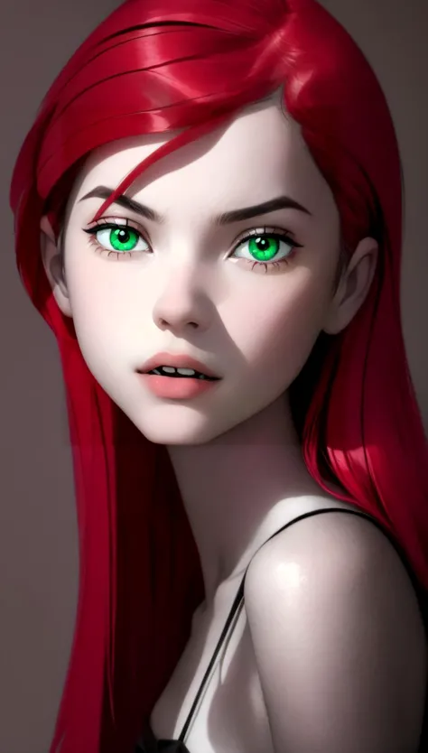 a woman with red hair and green eyes is staring at the camera