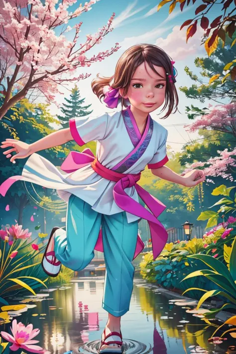 (centered) full body shot, solo adult woman in fantasy garden wearing (colorful HANFU COSTUME:1.1) (with pants) playfully jumpin...
