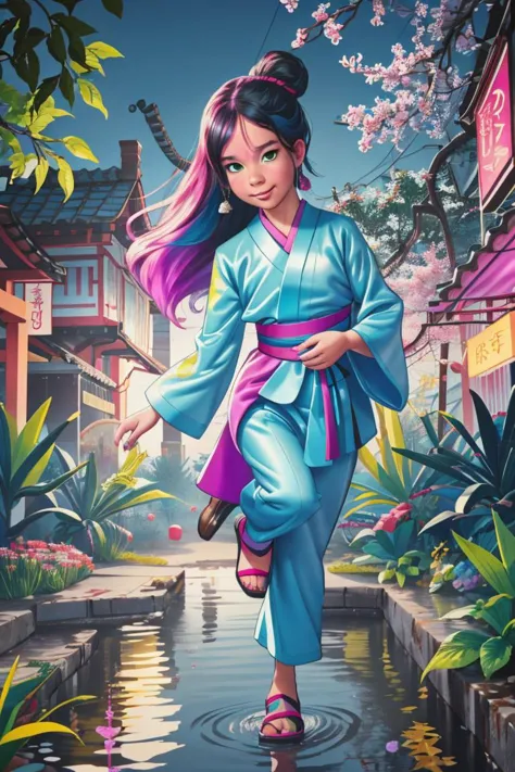 a woman in a blue kimono walking through a stream