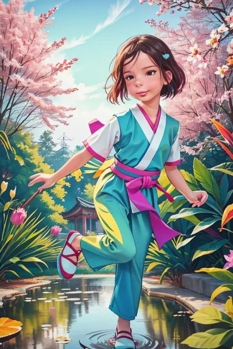 a painting of a girl in a blue and pink outfit is standing in a pond