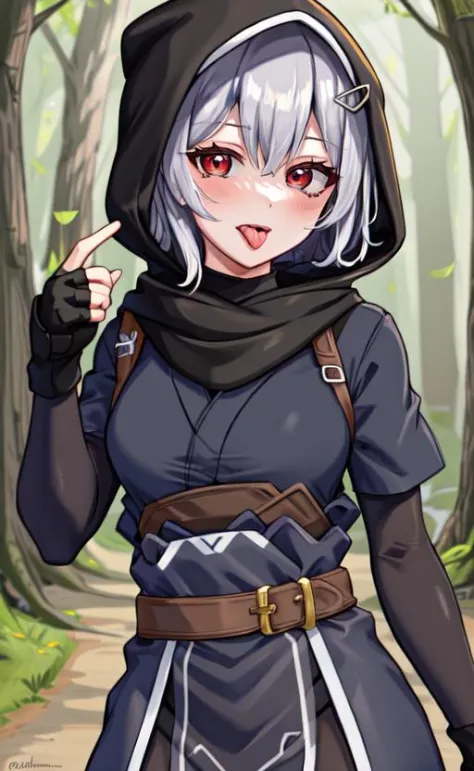 (detailed forest background), masterpiece, best quality, Rogue_Kiriko, 1girl, fingerless_gloves, red_eyes, ((tongue))
 <lora:Rog...