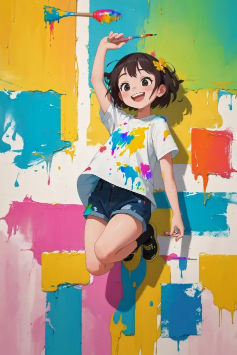 masterpiece,best quality,1girl,wall,paint,colorful,jump,smile