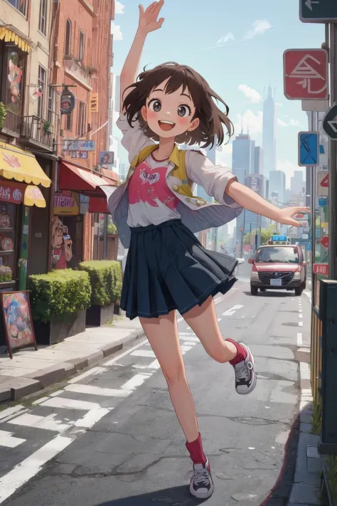 masterpiece,best quality,1girl,city,road,jump,smile,pop