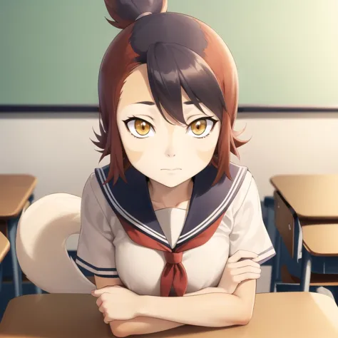 anime girl sitting at a desk with her arms crossed