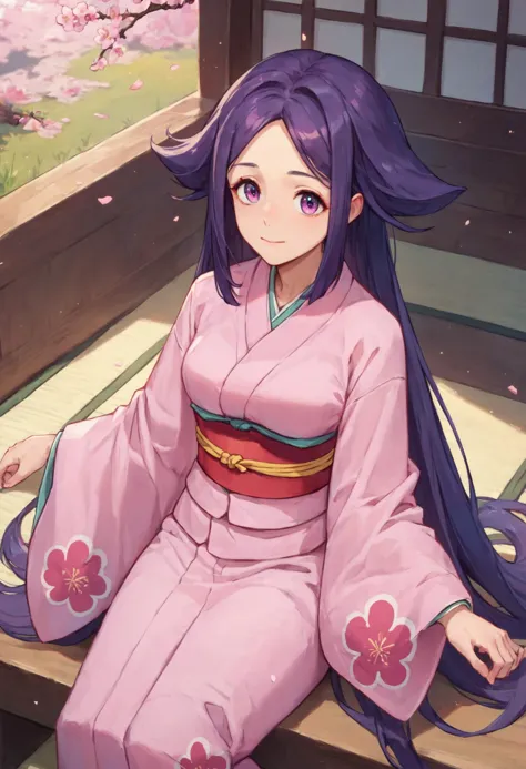 anime girl in kimono outfit sitting on a bench with cherry blossoms