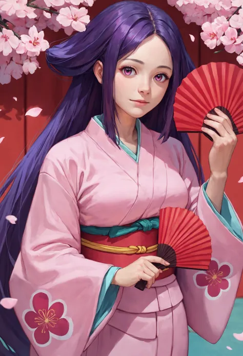 a woman in a kimono outfit holding a fan and a fan