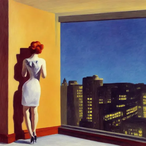 a painting of a woman in a dress staring out a penthouse window at a city skyline at night, by edward hopper