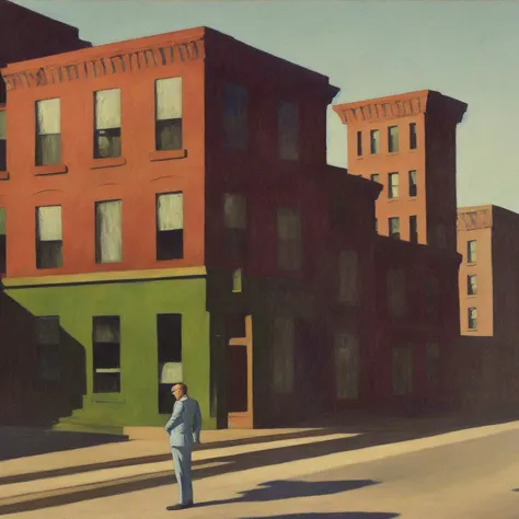 a painting of a man in a suit and tie standing on an empty street corner with brick buildings behind him at dawn, by Edward Hopper